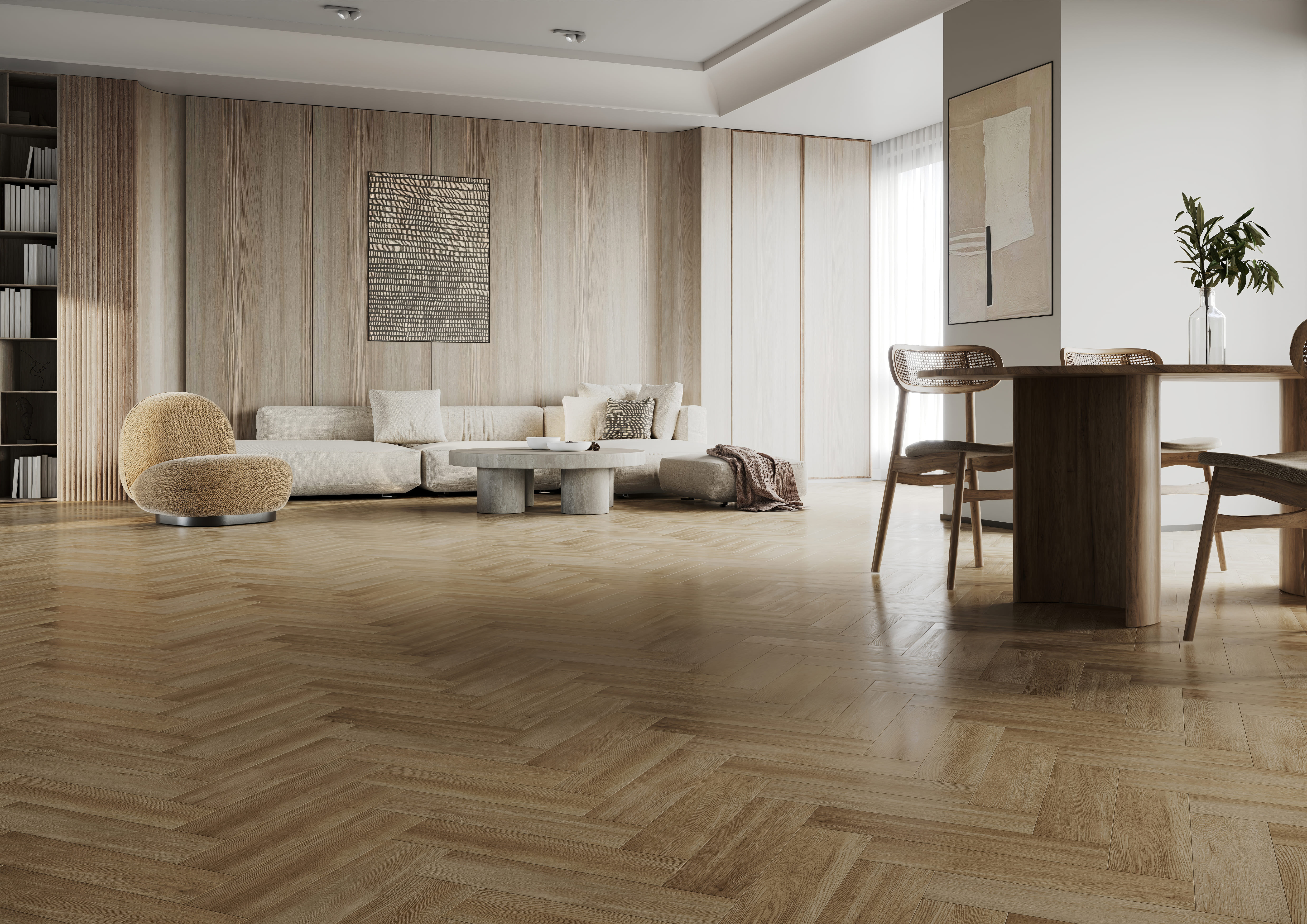 Кварцвиниловый SPC ламинат Home Expert Parquet Design Дуб Фраппе 44-7009-64 венгерская елка 400×100×4,5 фото в интерьере